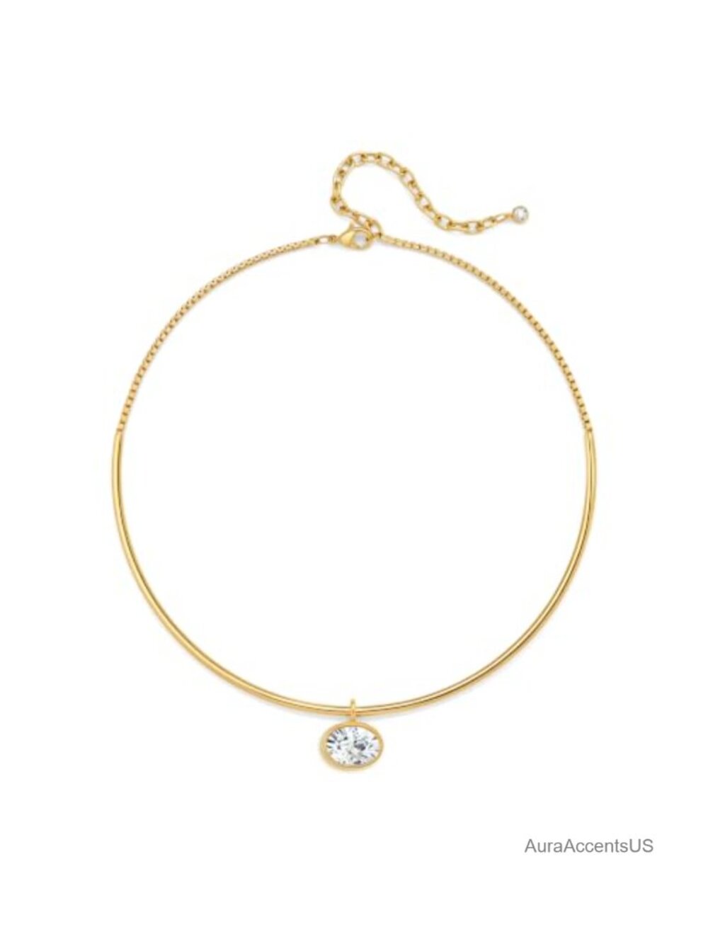 Gold Plated Brass Oval CZ Choker Collar Necklace Adjustable Lobster Clasp
